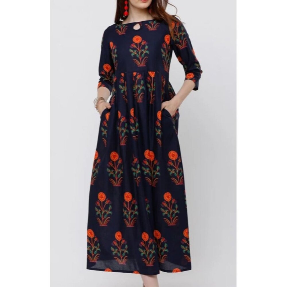 Vishudh Ethnic Motifs Printed Cotton A-line Kurti/Kurta Midi Dress Med Modest